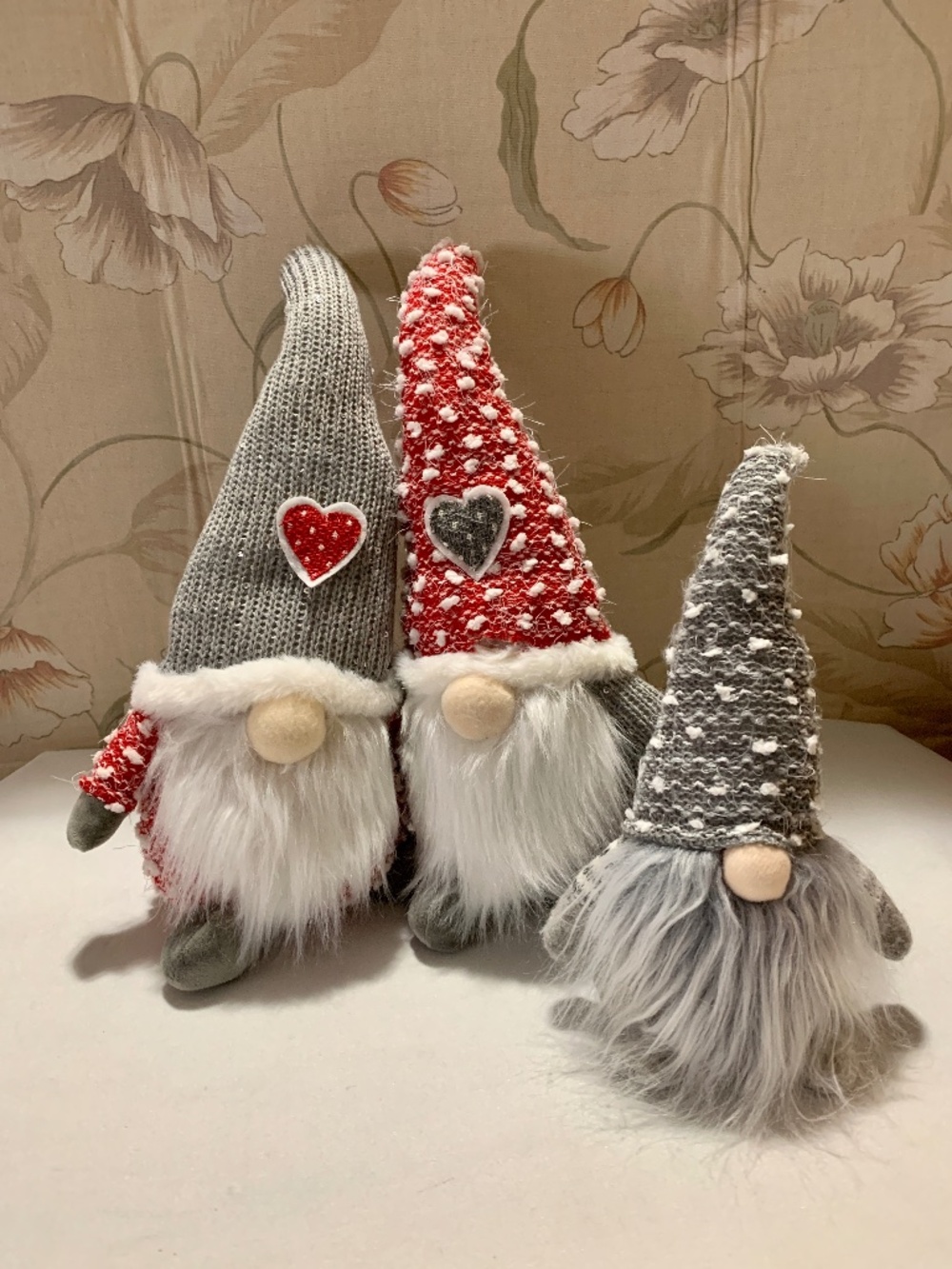 Trio Of Gray Red White Weighted Holiday Gnomes - 2 Together 15" and Solo 11"